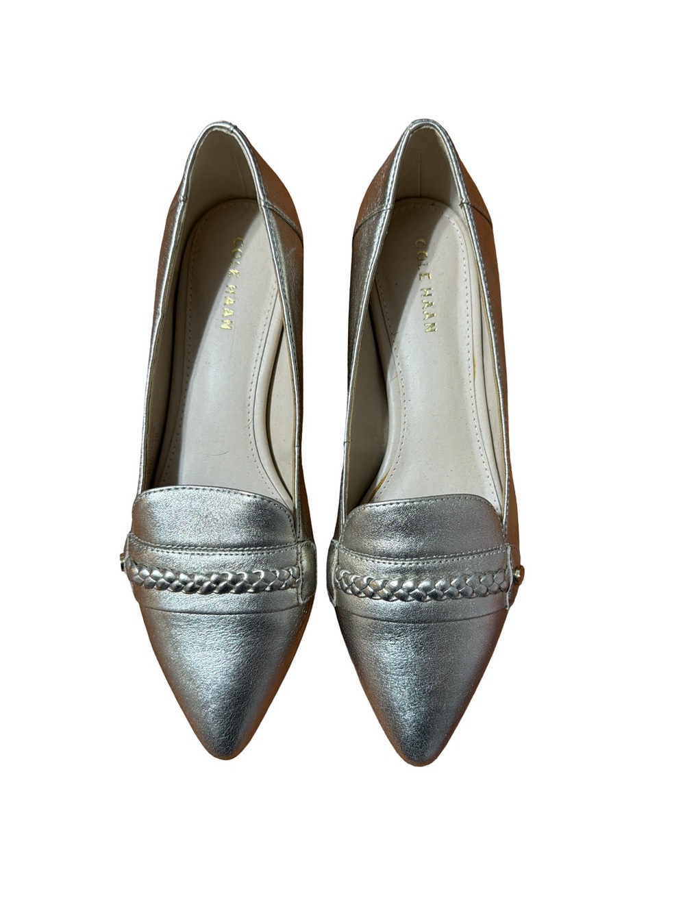 Cole Haan Metallic Silver Pointed-Toe Loafers with Braided Strap